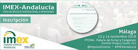 Cartel de Inscripción del IMEX Andalucía, la Feria de Negocio Internacional e Inversiones. Se celebra en Málaga del 13 al 14 de noviembre de 2019